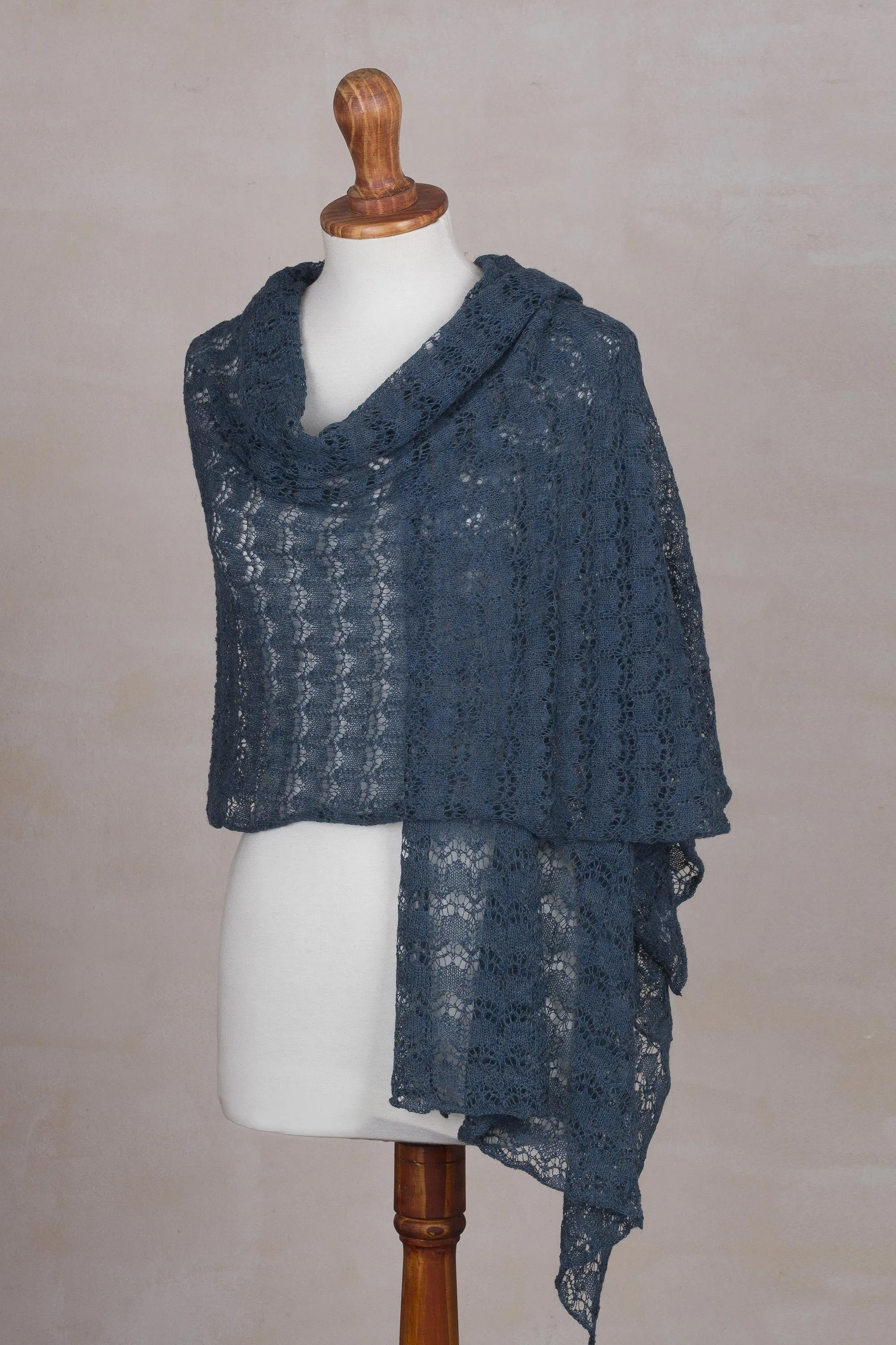 Dreamy Texture in Teal Textured 100% Baby Alpaca Shawl in Teal from Peru